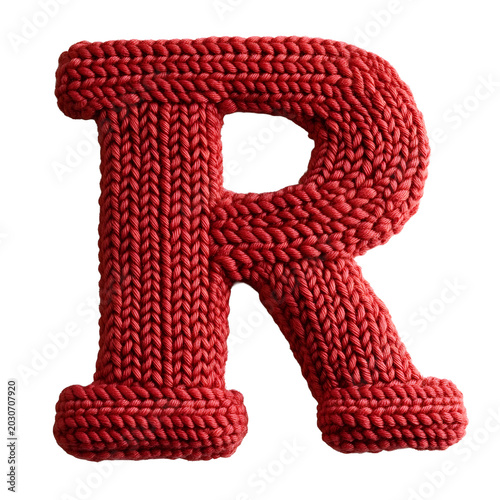 Letter R stands as a vibrant red knitted alphabet element featuring intricate wool stitching that adds a warm tactile quality to this custom typography design on a clean white backdrop.