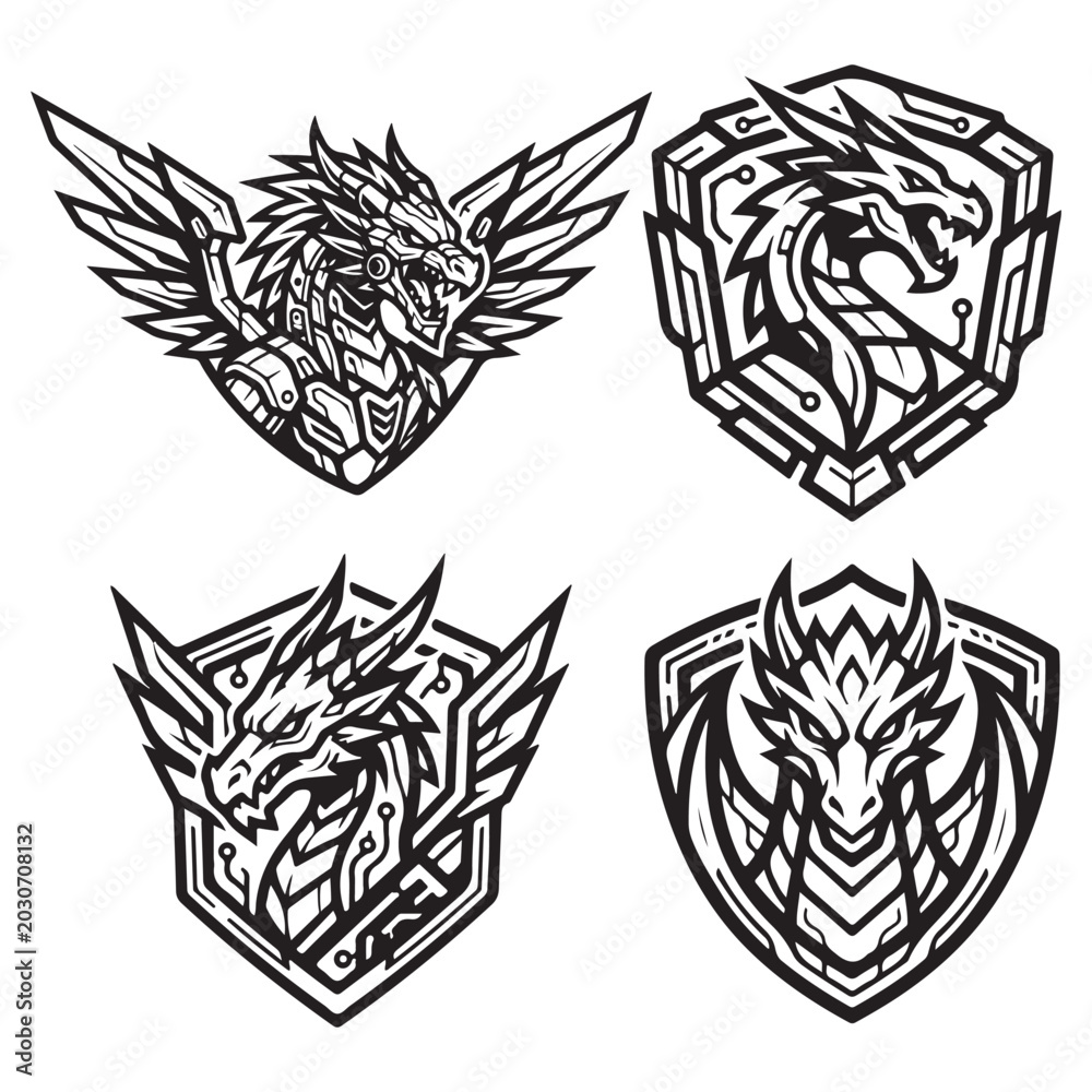 Fototapeta premium Sharp Line Dragon Emblem Logo Set