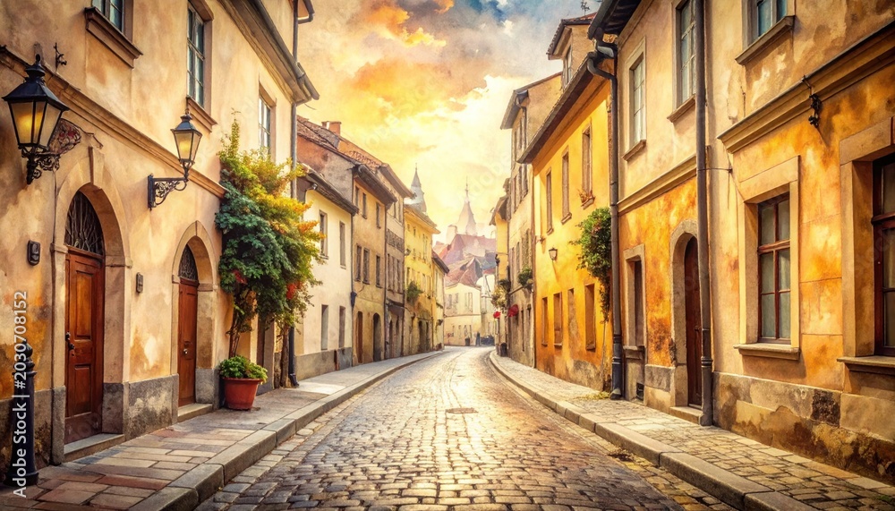 Fototapeta premium Picturesque European street with cobblestones, old buildings, and a sunset