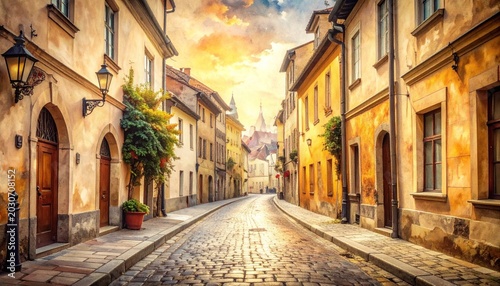 Picturesque European street with cobblestones, old buildings, and a sunset