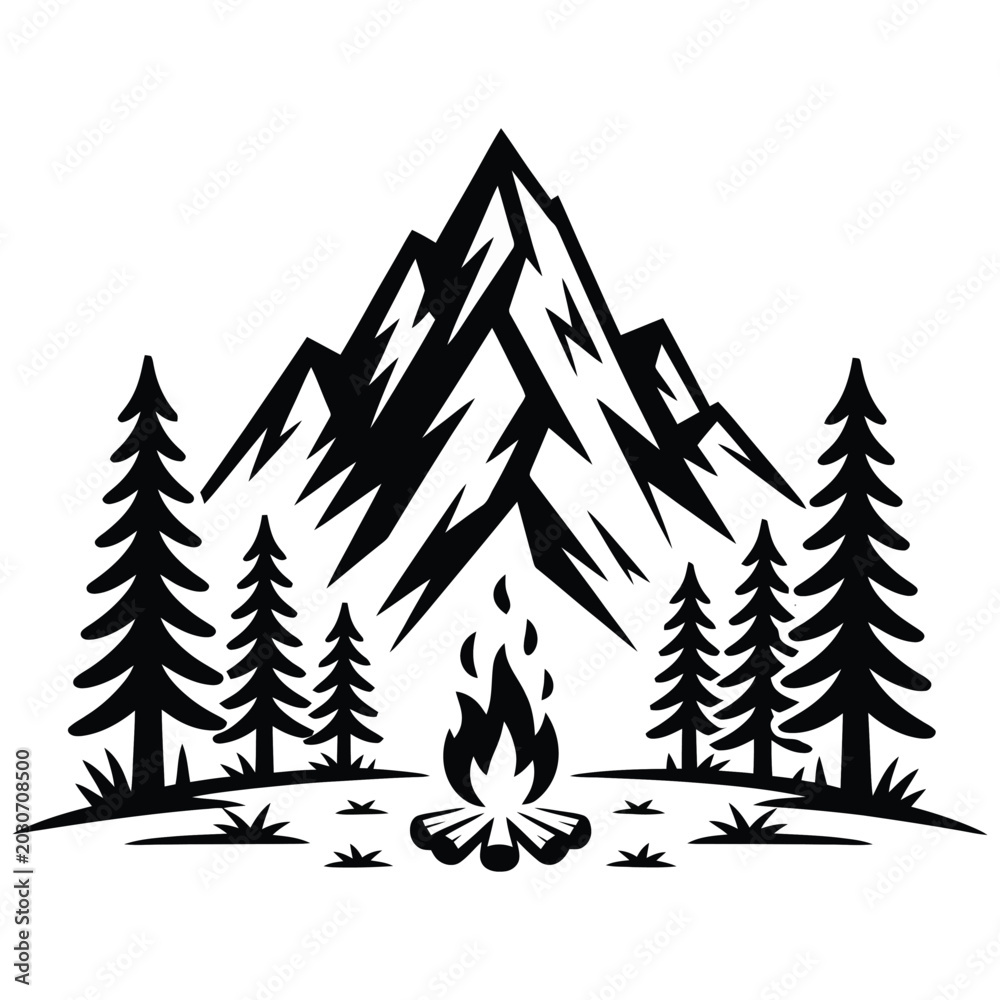 Obraz premium Mountain peak campfire line art