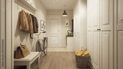 Building entrance with coat hook white cabinets whimsy and a bicycle in the hallway