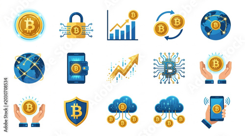 Schilderij op canvas Digital Currency Icons Representing Cryptocurrency and Blockchain Technology