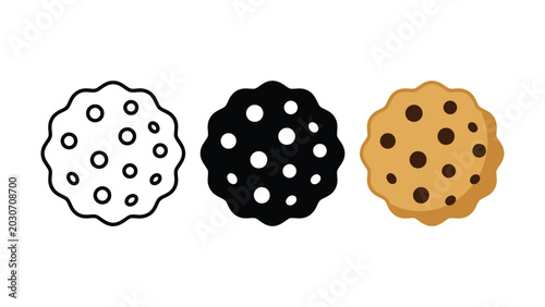 Schilderij op canvas Chocolate chip cookie icon set with outline silhouette colored versions baked go
