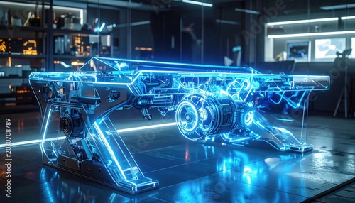 Transparent, glowing machine blueprint on a work table, workshop setting
