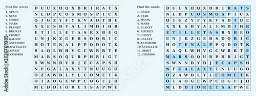 Photos Word search puzzle featuring various themed words and solutions