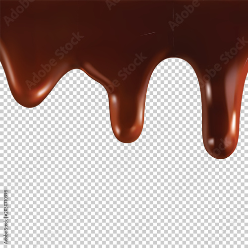 Foto Realistic liquid dark chocolate drips flowing down a transparent background for