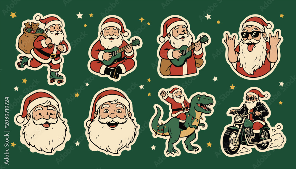 Fototapeta premium Funny cartoon santa claus stickers on green background with stars