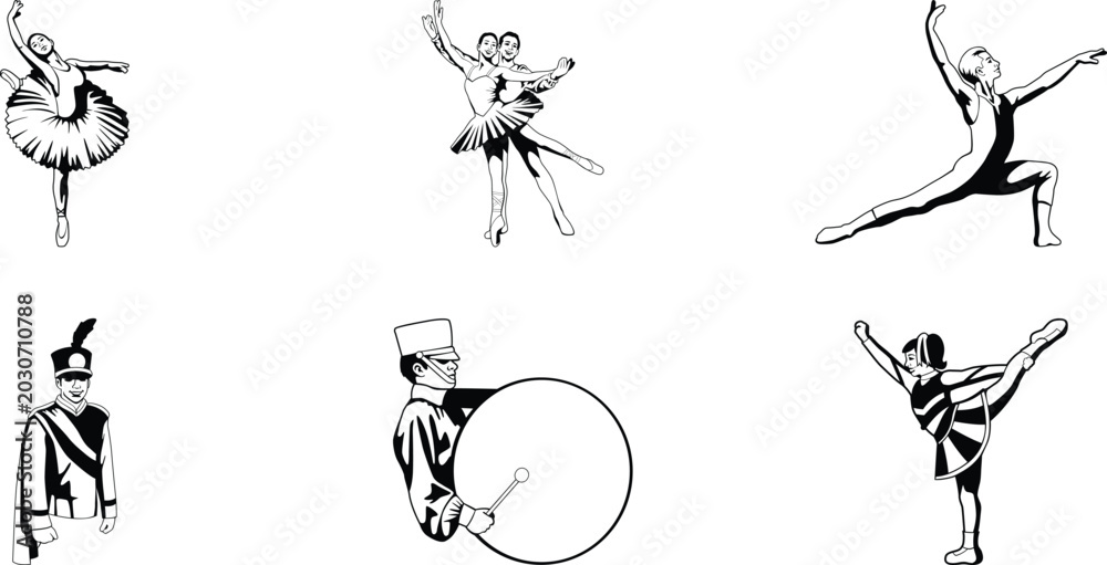 Obraz premium Performing arts dance music cheerleading vector illustration set featuring ballet dancers, marching band musicians, and cheerleader poses for creative design, cultural presentation, and artistic resou