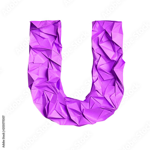 Top view of a 3D letter U made of Purple origami paper, isolated on a white transparent background