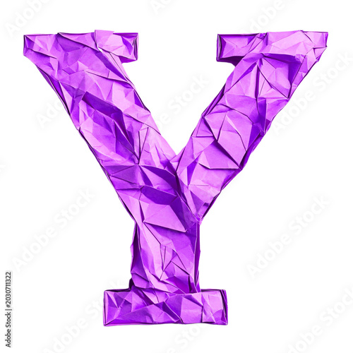 Top view of a 3D letter Y made of Purple origami paper, isolated on a white transparent background