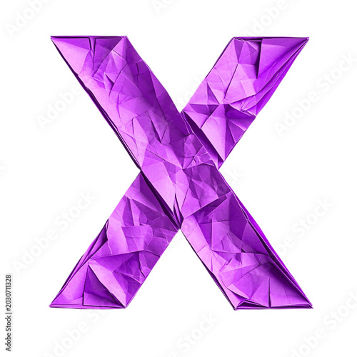 Top view of a 3D letter X made of Purple origami paper, isolated on a white transparent background