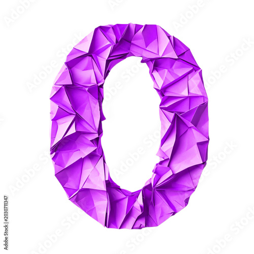 Top view of a 3D number 0 made of Purple origami paper, isolated on a white transparent background