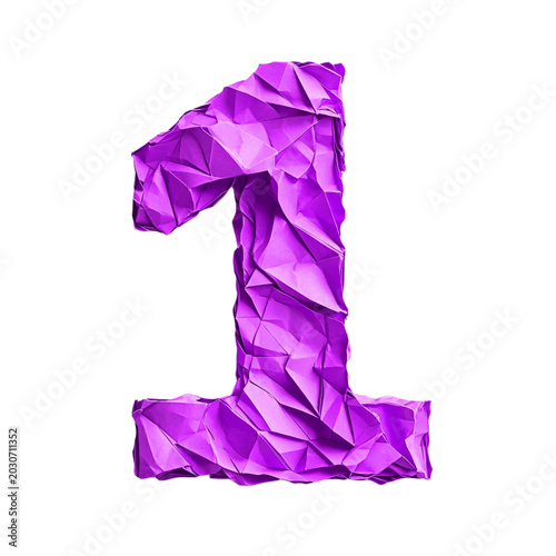 Top view of a 3D number 1 made of Purple origami paper, isolated on a white transparent background
