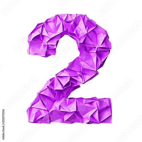 Top view of a 3D number 2 made of Purple origami paper, isolated on a white transparent background