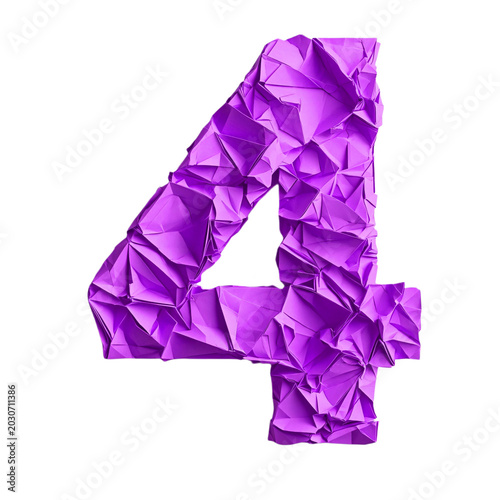 Top view of a 3D number 4 made of Purple origami paper, isolated on a white transparent background