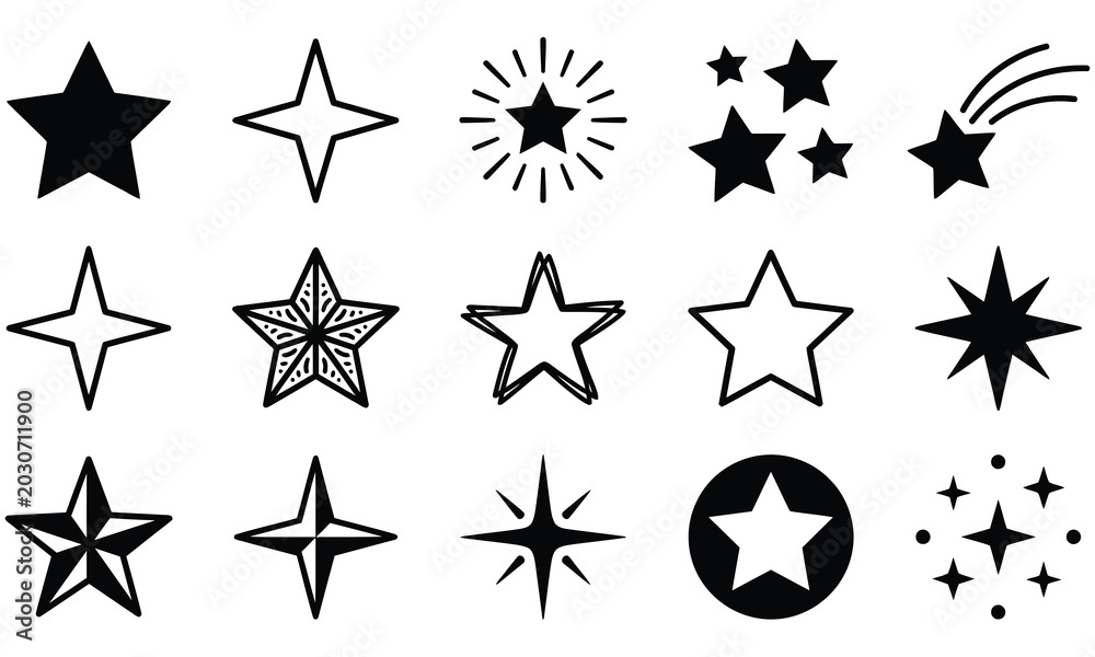 Obraz premium Black and white geometric star and snowflake vector icons set isolated on white background