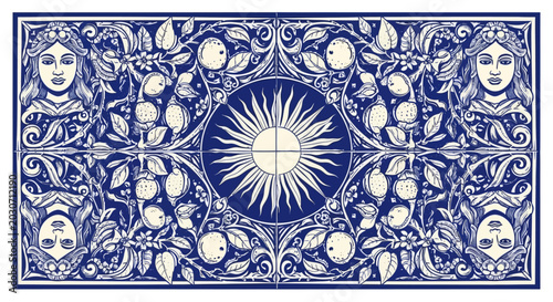 azulejo pattern on mediterranean tiles decorative art with female portraits fruit and a central sun motif.