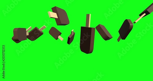 Chocolate ice cream bars playfully tumble and rotate against a vibrant green screen. This sweet, refreshing animation is perfect for summer promotions.