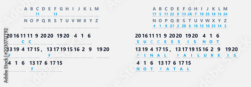 Slika na platnu Graphic design of alphabet and numbers in blue on light background