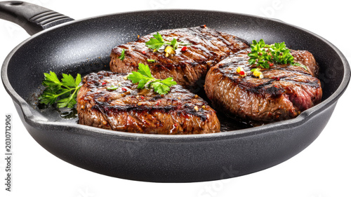 juicy grilled beef steaks in non stick frying pan with herbs isolated on white background close gourmet 
