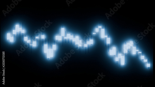 3D Glowing Blue Neon Stock Market Line Chart Black Background Render