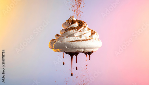 A giant marshmallow dessert with chocolate drizzle and cocoa powder dusting, suspended mid-air in a sweet atmosphere