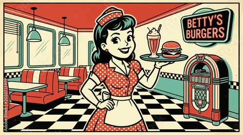 Retro Diner Waitress Serving Burger and Milkshake, Vintage American Diner Scene