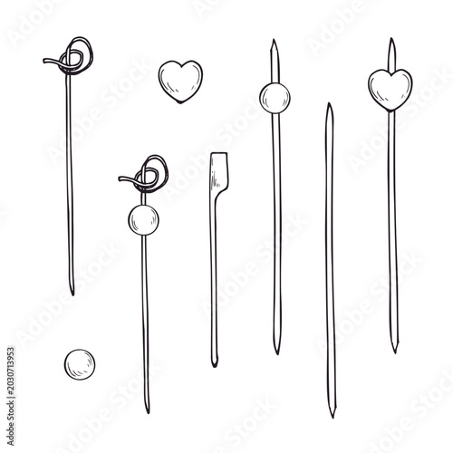 Set of bamboo food skewers with decorative tops linear drawing. Cocktail sticks for appetizers and garnishing clip art vector sketch. Hand drawn illustration of wooden picks for culinary.