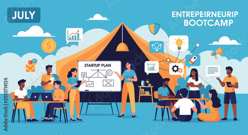 Startup Bootcamp: Diverse Team Planning Business Growth in Outdoor Tent