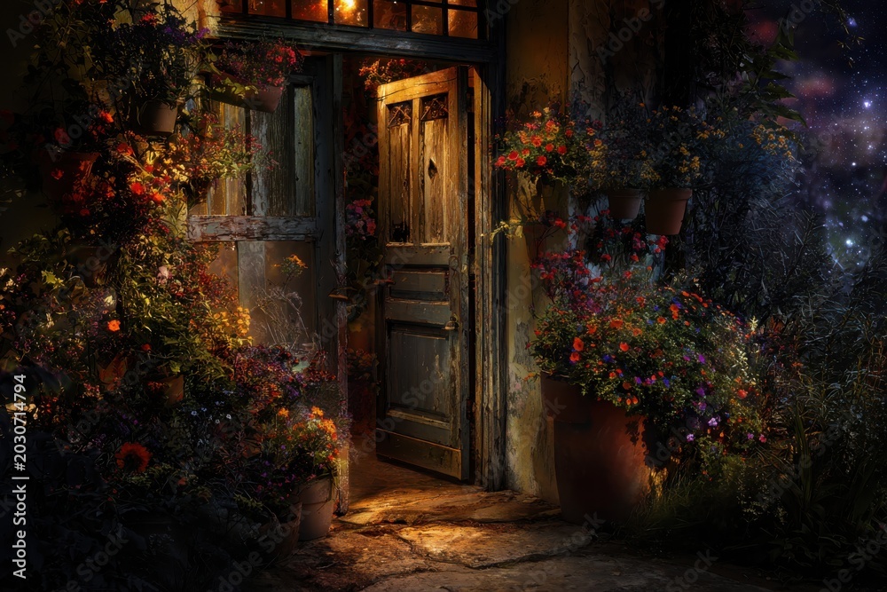 Fototapeta premium Charming Flower-Filled Cottage Entrance at Night