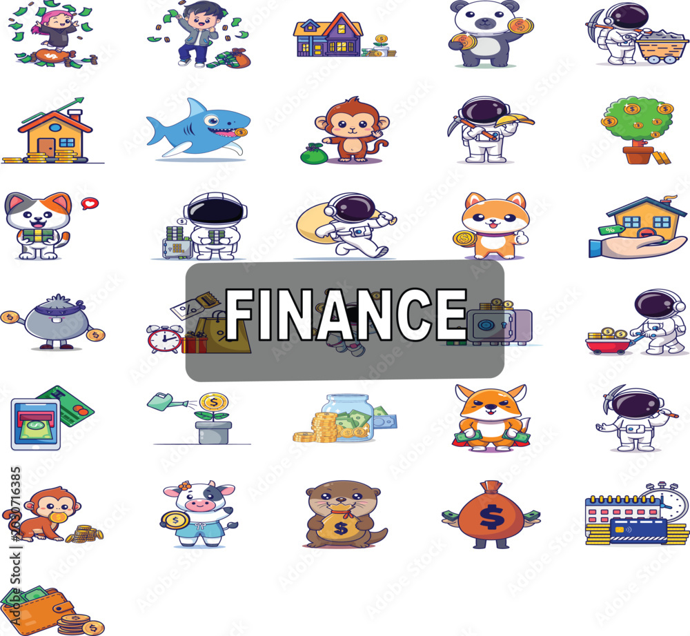 Obraz premium A collection of various finance icons, including currency symbols, graphs, and calculators, representing financial concepts.