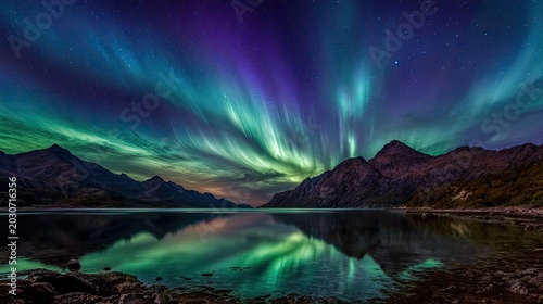 Majestic aurora borealis lights up the sky over a tranquil mountain lake