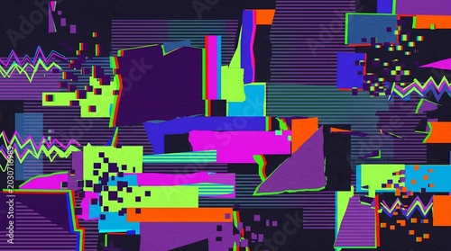 A digital 2D illustration featuring a chaotic abstract glitch pattern with distorted pixelated rectangles and sharp geometric fragments. The color scheme features high-contrast neon shades of magenta,