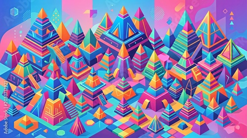 A vibrant 2D digital texture featuring a repeating geometric pattern of sharp low poly triangles and pyramids. The crystalline field displays a chaotic mix of highly saturated rainbow colors.