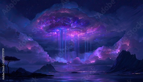 Ethereal violet storm clouds pour light beams onto a serene, reflective landscape