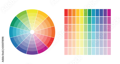 Tableau sur toile Detailed color wheel and coordinated palette grid featuring hue saturation varia
