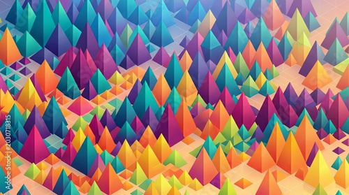 A vibrant 2D digital texture featuring a repeating geometric pattern of sharp low poly triangles and pyramids. The crystalline field displays a chaotic mix of highly saturated rainbow colors.