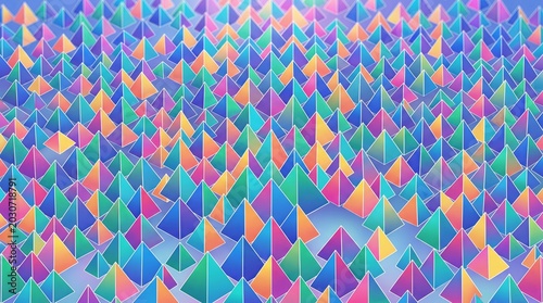 A vibrant 2D digital texture featuring a repeating geometric pattern of sharp low poly triangles and pyramids. The crystalline field displays a chaotic mix of highly saturated rainbow colors.