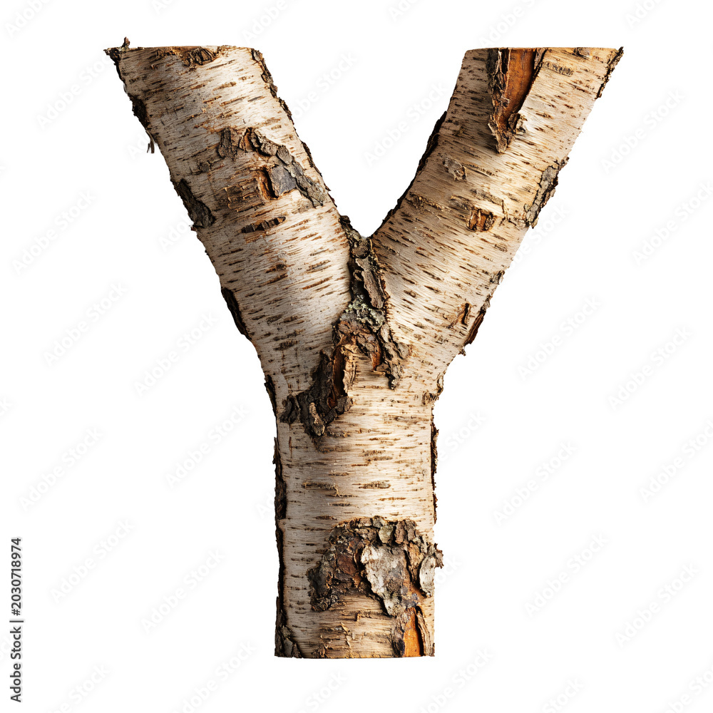 Naklejka premium Y top view of a 3D letter Y made of paperbark maple tree bark isolated on a white transparent background