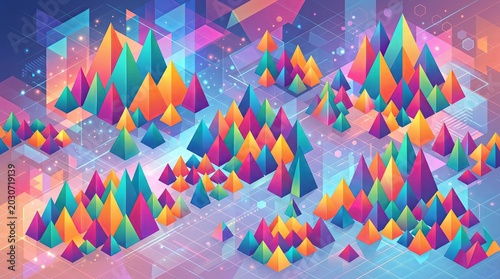 A vibrant 2D digital texture featuring a repeating geometric pattern of sharp low poly triangles and pyramids. The crystalline field displays a chaotic mix of highly saturated rainbow colors.