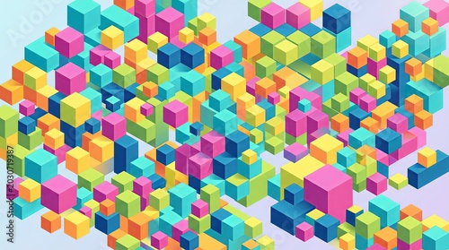 Opened ingredientA vibrant and dynamic background texture composed of countless tightly packed isometric 3D cubes in a diverse array of colors including orange, green, blue, pink, and yellow. This abs