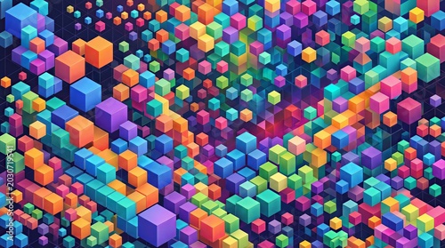 Opened ingredientA vibrant and dynamic background texture composed of countless tightly packed isometric 3D cubes in a diverse array of colors including orange, green, blue, pink, and yellow. This abs