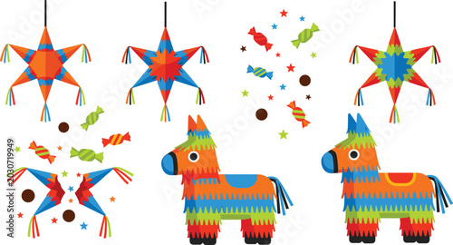Foto Vector illustration set of traditional Mexican pinatas featuring colorful donkey and star shapes with falling candy sweets and confetti isolated on white background for fiesta
