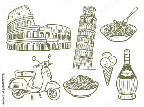 Valokuva Vintage Italian travel icons set, hand drawn sketch of landmarks and food, olive