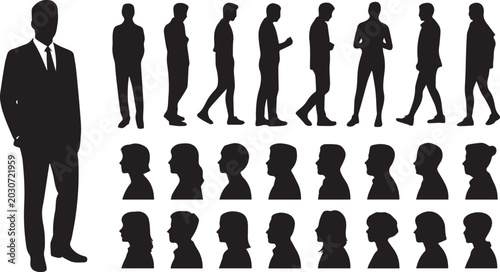 Vector silhouettes of businessman in suit standing alongside walking professional figures and human head profiles isolated on white background