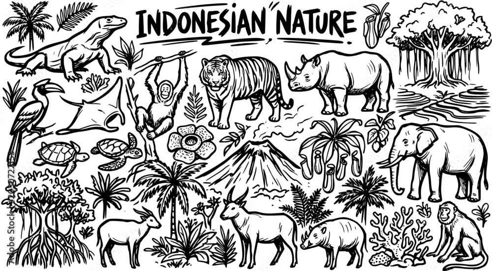 Fototapeta premium Indonesian Nature Black and White Line Art: Komodo Dragon, Tiger, Elephant, Orangutan, Rhino, Flora Fauna Stock Illustration