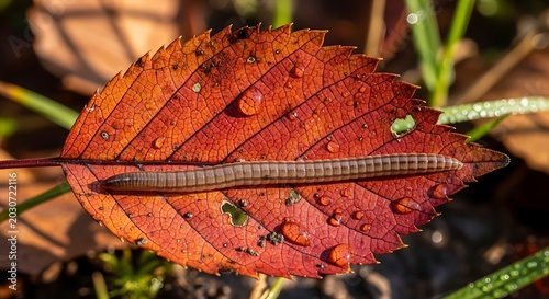 Millipede on autumn leaf with water droplets