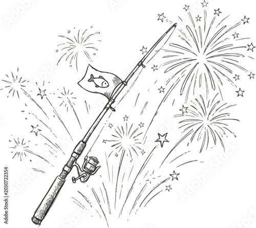 Fishing rod stands tall amidst a burst of celebratory fireworks in this artistic sketch.