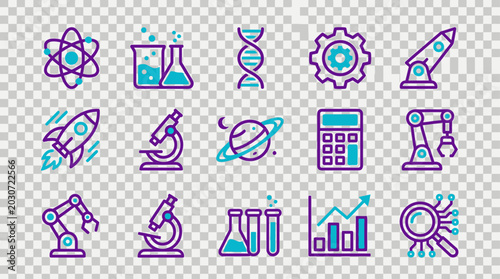 Modern Science and Medical Technology Icon Set with DNA Microscope Laboratory and Research Elements